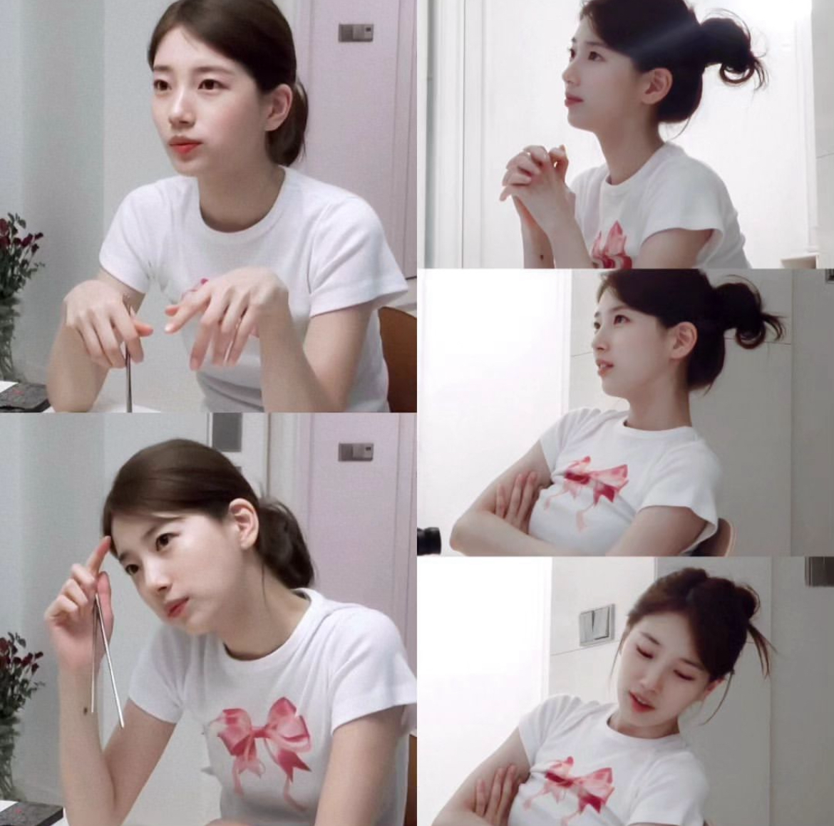 [JENNIE同款] ronron -DOUBLE RIBBON SLIM CROP T SHIRT WHITE PINK