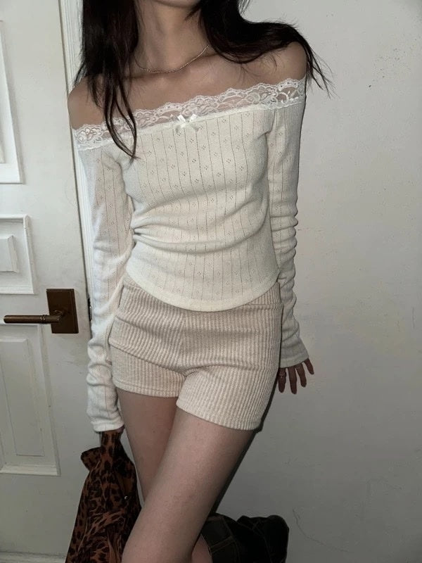 KR RIBBON LACE KNIT OFF SHOULDER TOP (4 COLORS)