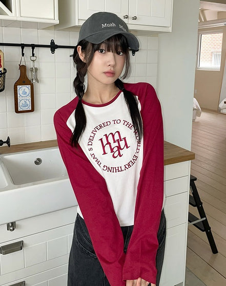 muahmuah - STITCH LOGO RAGLAN LONG SLEEVE (CHERRY)