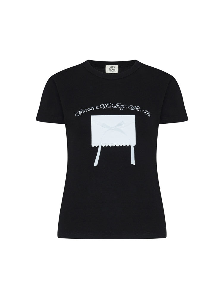 LETTER FROM MOON - Ribbon Letter Slim T-Shirts (Black)