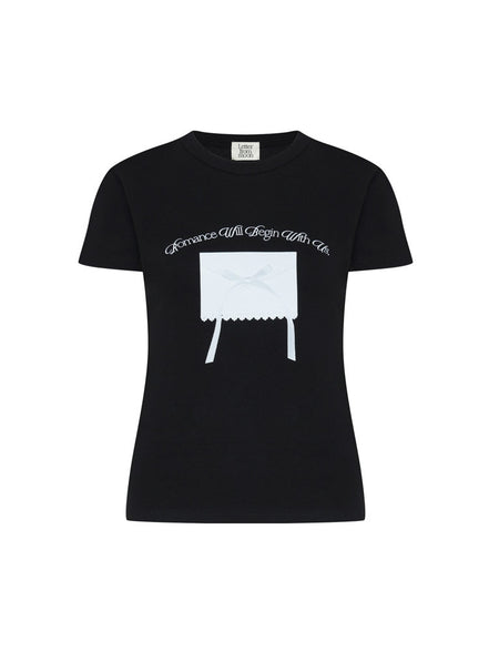 LETTER FROM MOON - Ribbon Letter Slim T-Shirts (Black)