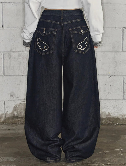Looxp - Angel Wing Washing Back Pocket Wide Denim (Navy)