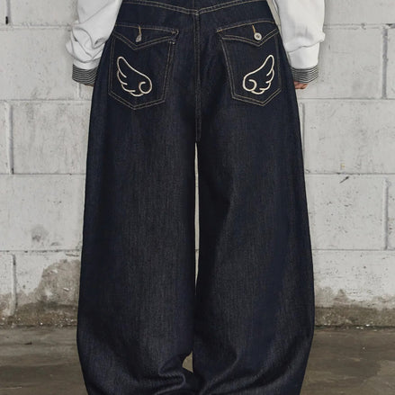 Looxp - Angel Wing Washing Back Pocket Wide Denim (Navy)