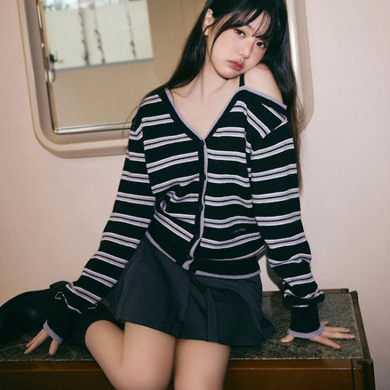 rolarola - ONE OFF SHOULDER STRIPE WOOL BLENDED CARDIGAN (BLACK)