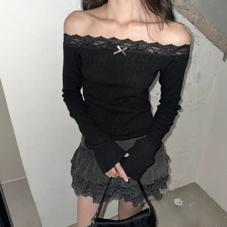 (現貨) KR RIBBON LACE KNIT OFF SHOULDER TOP (4 COLORS)