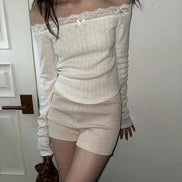 (現貨) KR RIBBON LACE KNIT OFF SHOULDER TOP (4 COLORS)