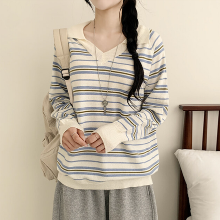 KR STRIPED COLLAR KNIT TOP (3 COLORS)