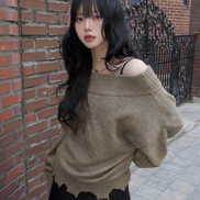 rockcake - Off Shoulder Damaged Knit (Brown)