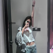 [JENNIE同款] ronron -DOUBLE RIBBON SLIM CROP T SHIRT WHITE PINK