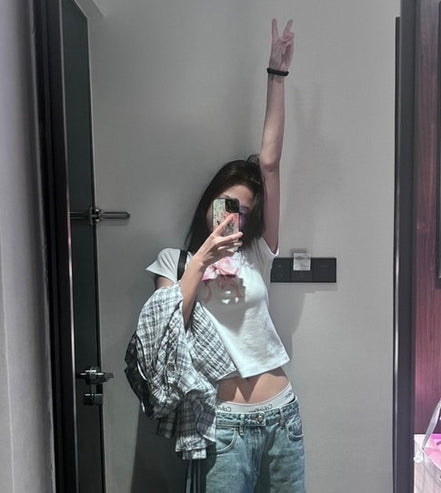 [JENNIE同款] ronron -DOUBLE RIBBON SLIM CROP T SHIRT WHITE PINK