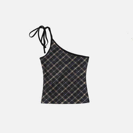 bad blood - Vintage Club One Shoulder Tank (Check Black)
