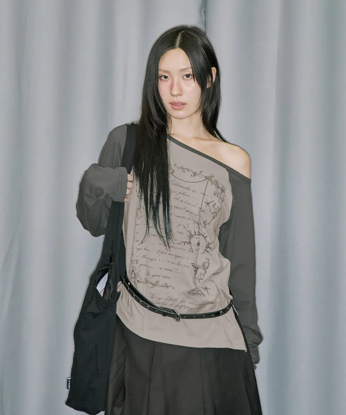 odd studio - cross ornament off shoulder raglan long sleeve (light beige)