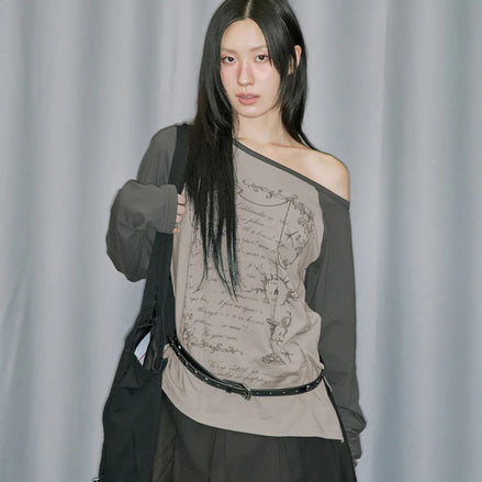 odd studio - cross ornament off shoulder raglan long sleeve (light beige)